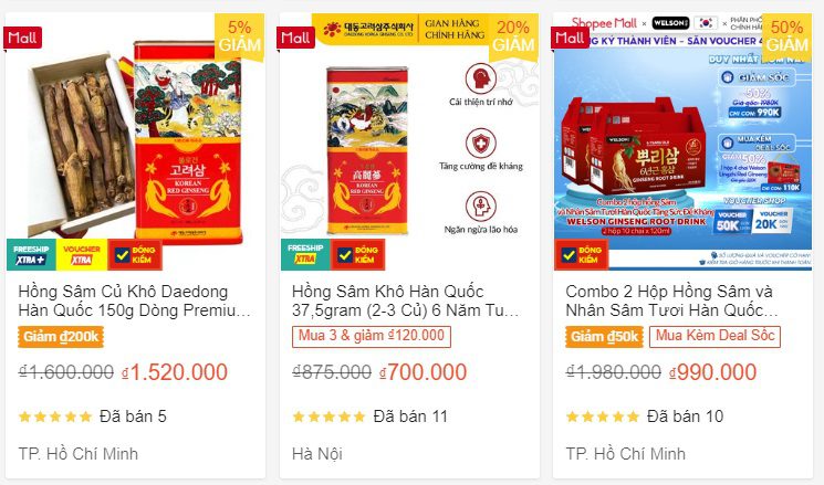 Giá bán sâm hàn quốc